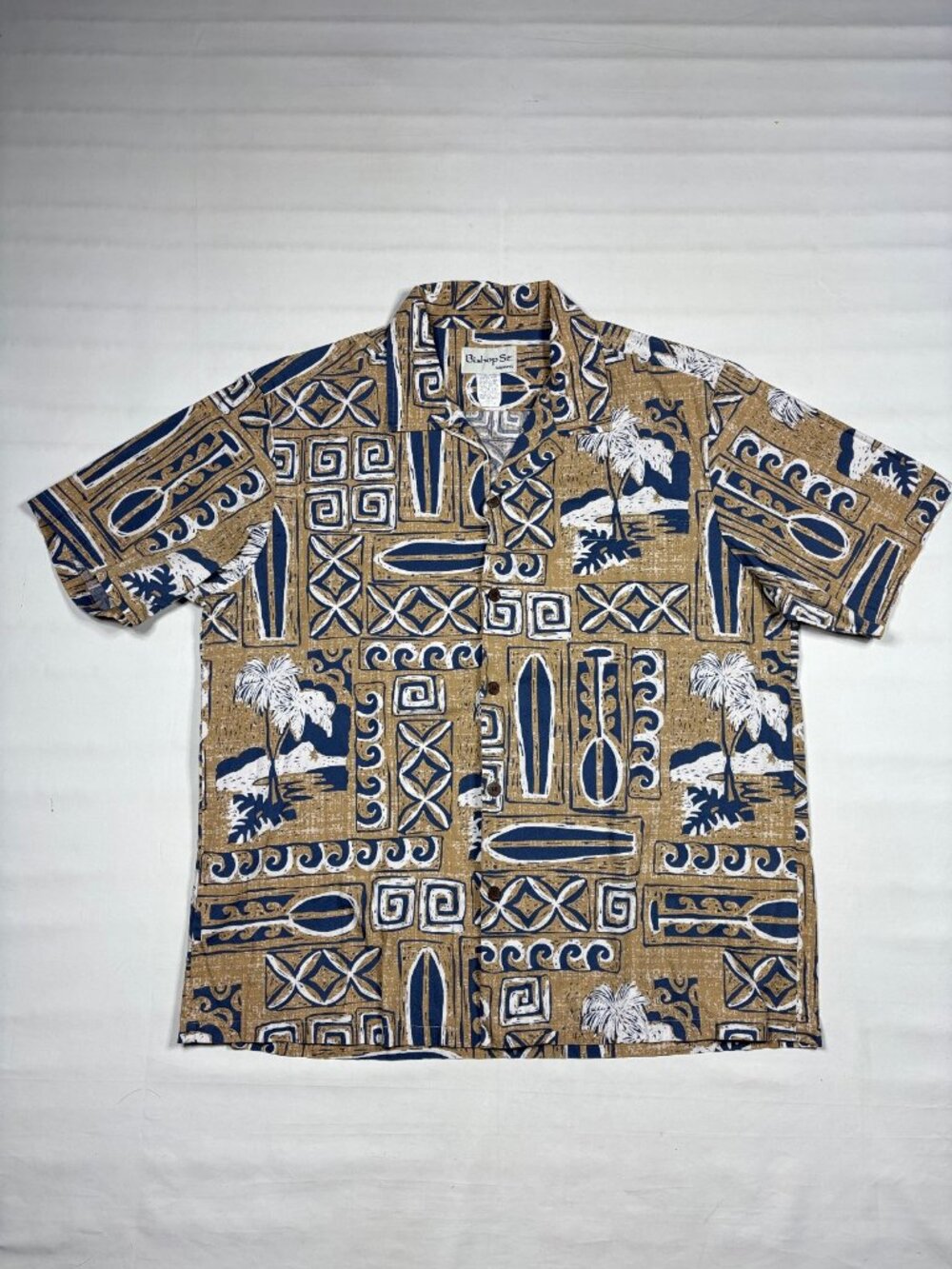 VTG Bishop St Mens XL Hawaiian Shirt 100% Cotton Tan Blue Surf Made in Hawaii US